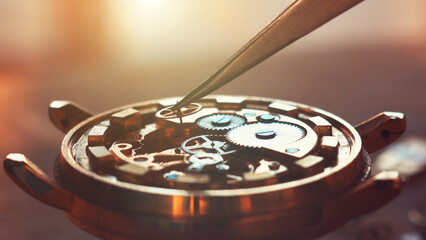 Watchmaker adjust mechanical watch, close up