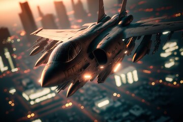Military aircraft fighter flies over the city. Generative AI. - obrazy, fototapety, plakaty