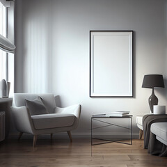 Mockup of a blank vertical wall art poster frame hanging on the wall of a living room with white armchairs, table and plants | Interior design | Interior décor | Generative Ai | Minimalist style