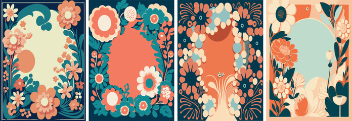A set of backgrounds for text, psychedelic hippie art, a frame of stylized flowers.