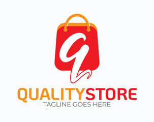 Initial Letter Q Logo. Letter Q logo on Orange Shopping Bag Vector Illustration isolated on White  Background. Use for Online Store Business and Branding Logos. Flat Vector Logo Design EPS Template