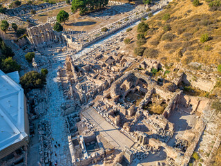 Bird's eye drone photograph of historical monuments in the ancient city of Ephesus
