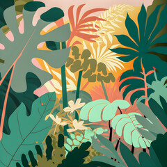 Jungle floral pattern in hawaii, pastel colors illustration