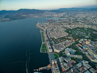 Izmir Alsancak coast and general bird's eye drone photo of the city