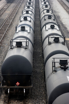 High angle view of petroleum railroad cars in a row, California.