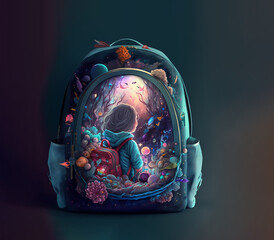 Children's school backpack with whole world inside books, fairy tale generated by AI