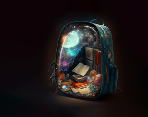 Children's school backpack with whole world inside books, fairy tale, marine, stones generated by AI