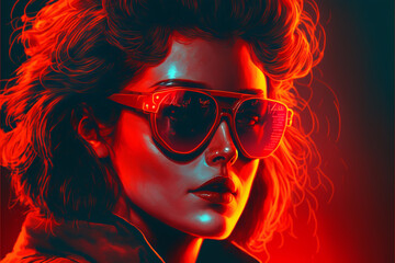 Generative AI illustration of a neon close up portrait of young woman in red with sunglasses