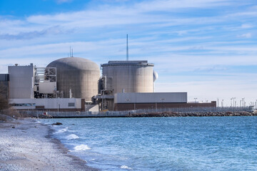 Pickering Nuclear Generating Plant, as seen from the shore of Lake Ontario, is located in ...