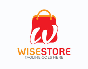 Initial Letter W Logo. Letter W logo on Orange Shopping Bag Vector Illustration isolated on White  Background. Use for Online Store Business and Branding Logos. Flat Vector Logo Design EPS Template