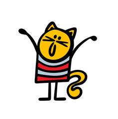 Funny doodle cat in striped clothes with rising up hands and happy smile.