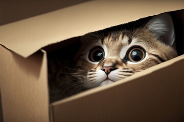 Cat playfully looks out of the cardboard box in which he hid, created with Generative AI technology. Close-up.