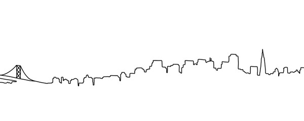 The city skyline is drawn in a one line art style. Printable art.