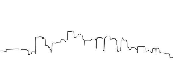 City skyline is drawn in one line art style. Printable art.