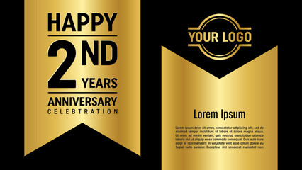 2nd anniversary template design concept with golden ribbon. Vector Template illustration