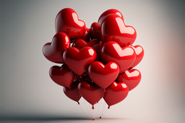 Palloncini rossi riflettenti a forma di cuore per San Valentino su sfondo bianco generati dall'AI - obrazy, fototapety, plakaty