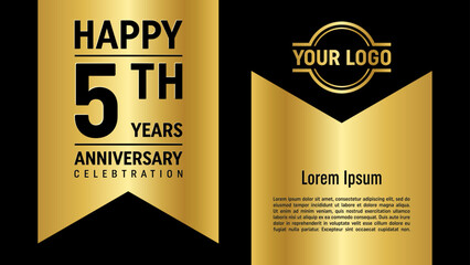 5th anniversary template design concept with golden ribbon. Vector Template illustration - obrazy, fototapety, plakaty