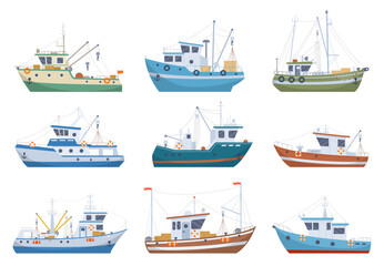 Fishing nautical ships. Cartoon seafood industry boats, fishermen shipping trawlers, commercial fishing ships flat vector illustration set on white background - obrazy, fototapety, plakaty