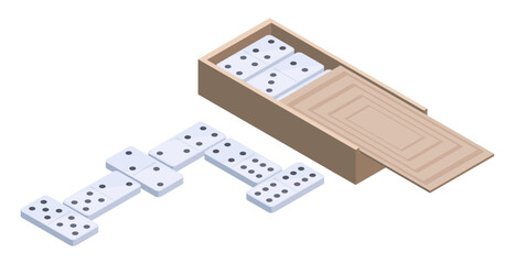 Isometric domino game. Table gaming, recreation dominoes in wooden box 3d vector illustration on white background