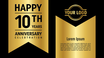 10th anniversary template design concept with golden ribbon. Vector Template illustration