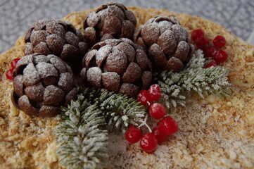 Christmas decoration on Napoleon cake close-up.