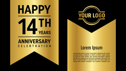 14th anniversary template design concept with golden ribbon. Vector Template illustration