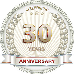30 years anniversary. Vector silver design background for celebration, congratulation and birthday card, logo