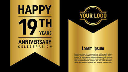 19th anniversary template design concept with golden ribbon. Vector Template illustration
