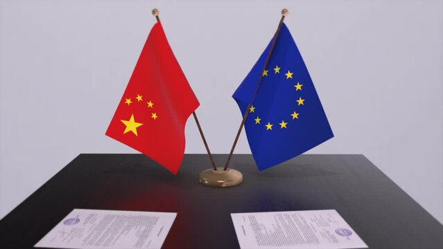 China and EU flag on table. Politics deal or business agreement with country 3D animation