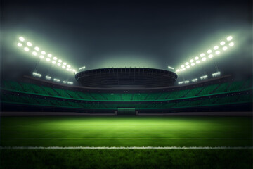 sport stadium with green grass, illumination lights at night, empty space background, illustration generative ai
