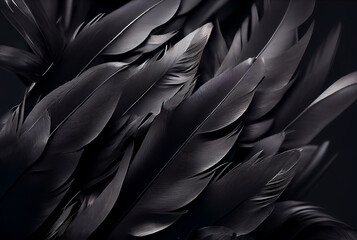 Black Feathers Background, Black Swan Wings Pattern, Abstract Generative AI Illustration