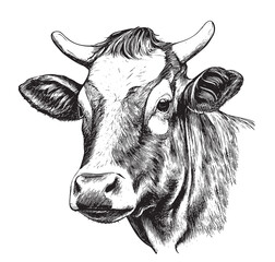 Farm cow head sketch hand drawn line art engraving Vector illustration