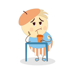 Cartoon bored character standing at high table drinking from straw. Comic vector illustration.