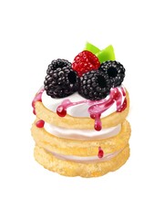 Cake with cream and blackberries red and black with green kiwi slices with drops of pink syrup on a white background, digital drawing.