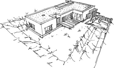 hand drawn architectural sketches of modern one story detached house with flat roof and people around