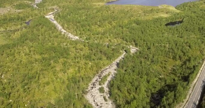 Aerial view of Galggojohka river on the E8 Nordlysveien road in summer when it&acute;s dried up, Storfjord, Troms og Finnmark, Norway. 