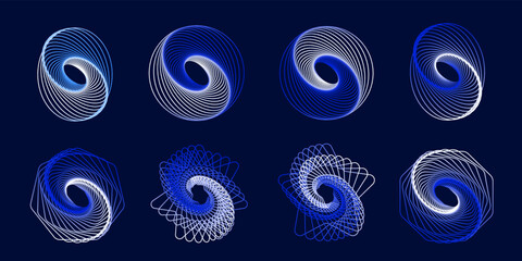 Set of 3D twisted lines, gradient spirals. Geometry tunnel. Abstract style technology. Vector illustration.