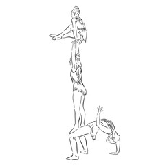 Acrobatic, balance, performance, cooperation concept. Hand drawn acrobats on scene . Isolated vector illustration , acrobatics, sketch illustration