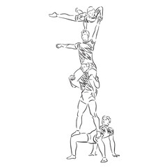 Acrobatic, balance, performance, cooperation concept. Hand drawn acrobats on scene . Isolated vector illustration , acrobatics, sketch illustration