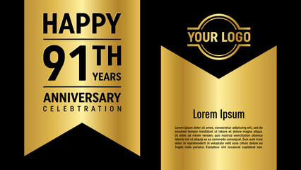 91th anniversary template design concept with golden ribbon. Vector Template illustration