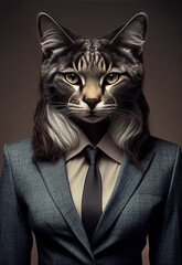 Female cat wearing a business suit and tie by generative AI