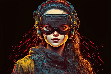 Cyberpunk woman portrait with VR headset in high quality, avatar, wallpaper, high resolution, neon, fururistic, cyber implants, technology, universe, technology addiction, apocalypse, innovation. AI