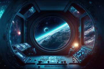 Image A futuristic spacecraft control center and a window with a gorgeous view of the planet in cold boundless space in high resolution, the earth's orbit in the window, cold tones. AI