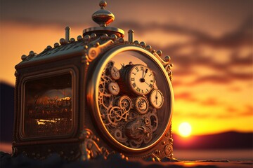 Manual mechanical old winding mechanism close-up against the background of a golden sunset in high resolution, quality, symbol of longevity, dial,wallpaper, 3d visualization, steampunk, abstraction.AI - obrazy, fototapety, plakaty