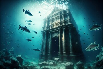 Ruins of an ancient temple and floating fish at the bottom of the ocean, a lost civilization, high resolution stylish wallpaper, painting,fantasy, legends, lost, illustration, architecture, ancient.AI