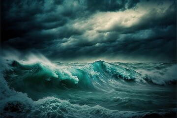 Fototapeta na wymiar Image Stormy blue ocean with big waves and a cloudy sky in high resolution, illustration, painting, wallpaper, cold colors, state of mind, adversity, anxiety, go to the end, resist problems. AI