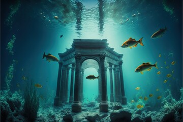 Ancient temple ruins and floating fish at the bottom of the ocean, lost civilization, high resolution stylish wallpaper, fantasy, legends, lost, architecture, ancient, arch, world, sunlight. AI
