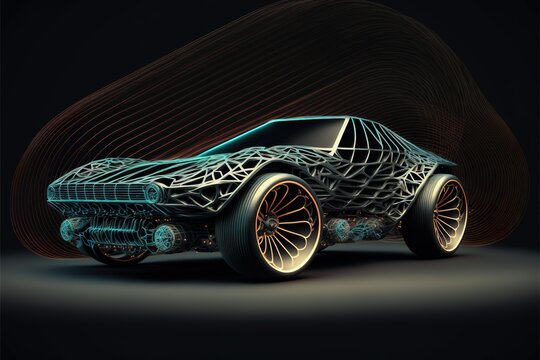 Wireframe car concept on the road in high resolution for building car, new model design, innovation, future, technology development, science, improvement, wallpaper, sports car. AI