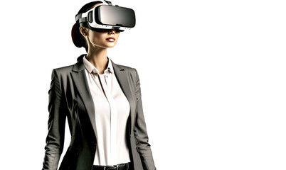 Another reality is here! Asian young Businesswoman in VR headset. Virtual reality simulator. Technological advancement in business. Generative AI