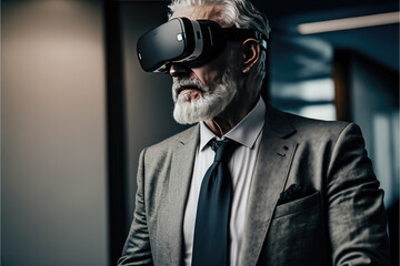 Fototapeta premium Another reality is here! Handsome old man in VR headset standing in the office. Generative AI